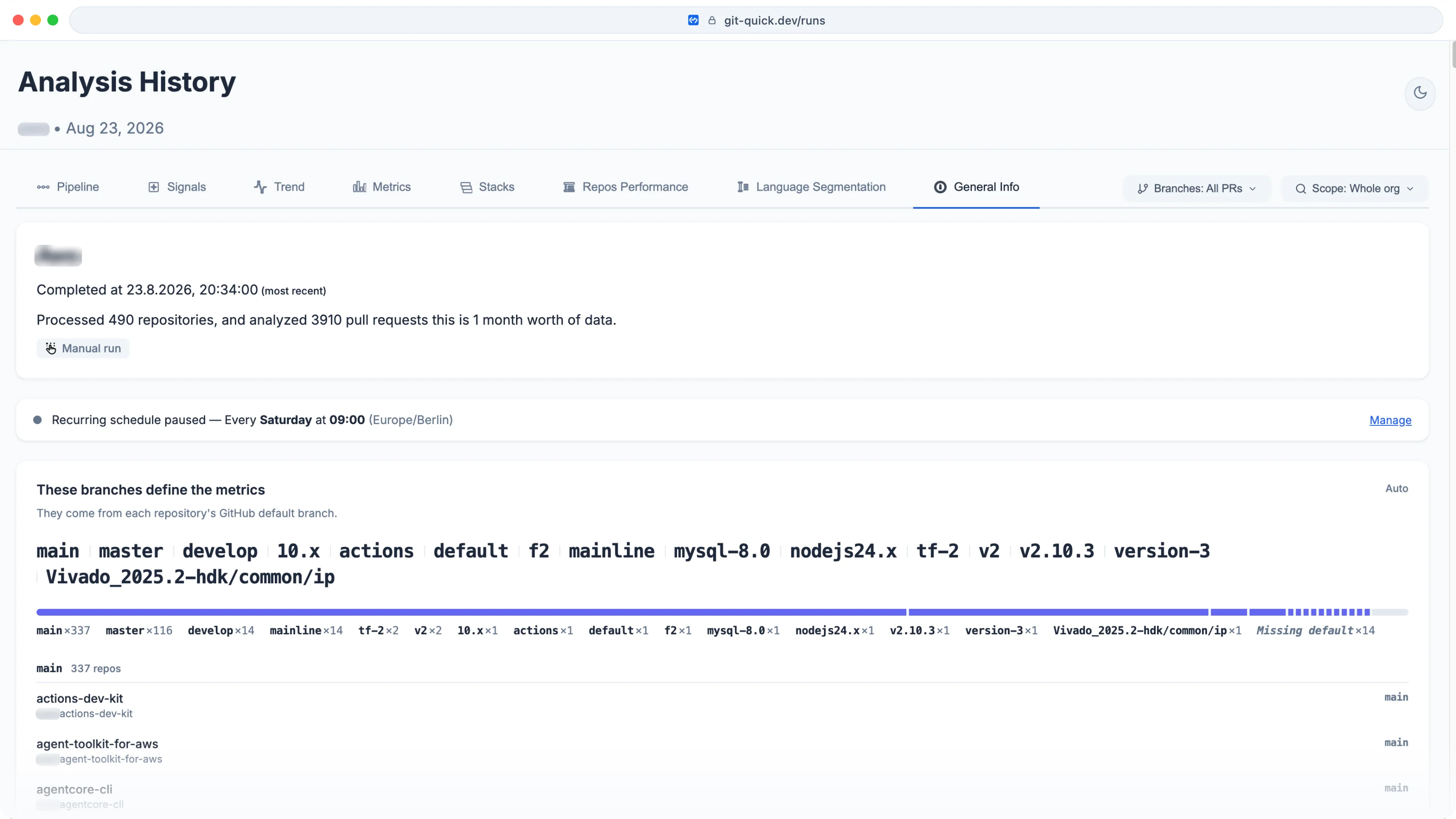 GitQuick General Info showing the branching strategy, repository default branches, and Branches selector